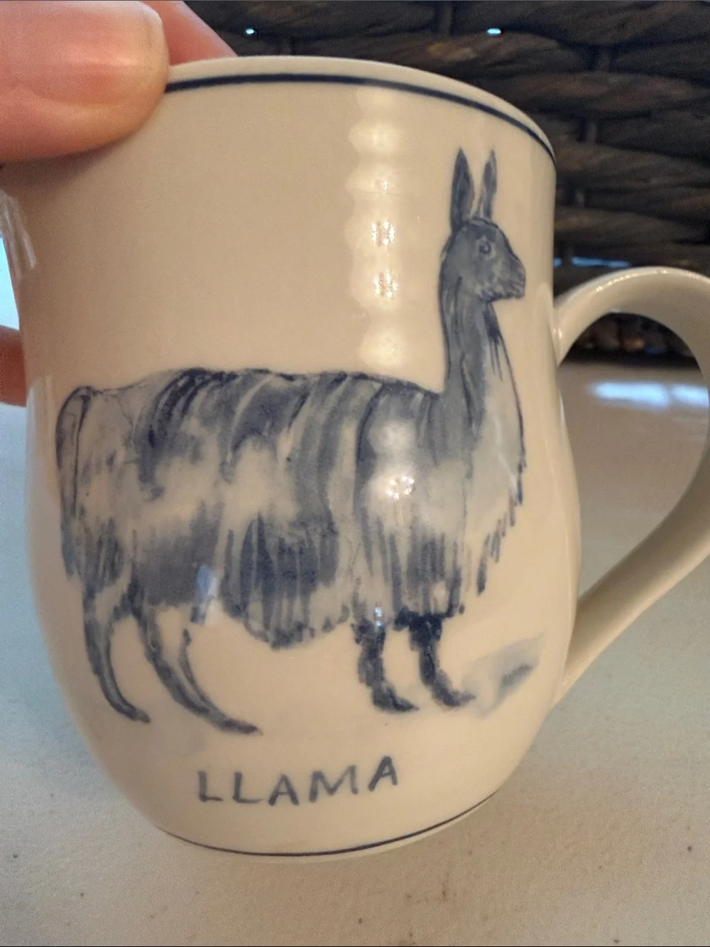Anthropologie Molly Hatch Cream Ceramic Llama Coffee Mug with Blue Illustration